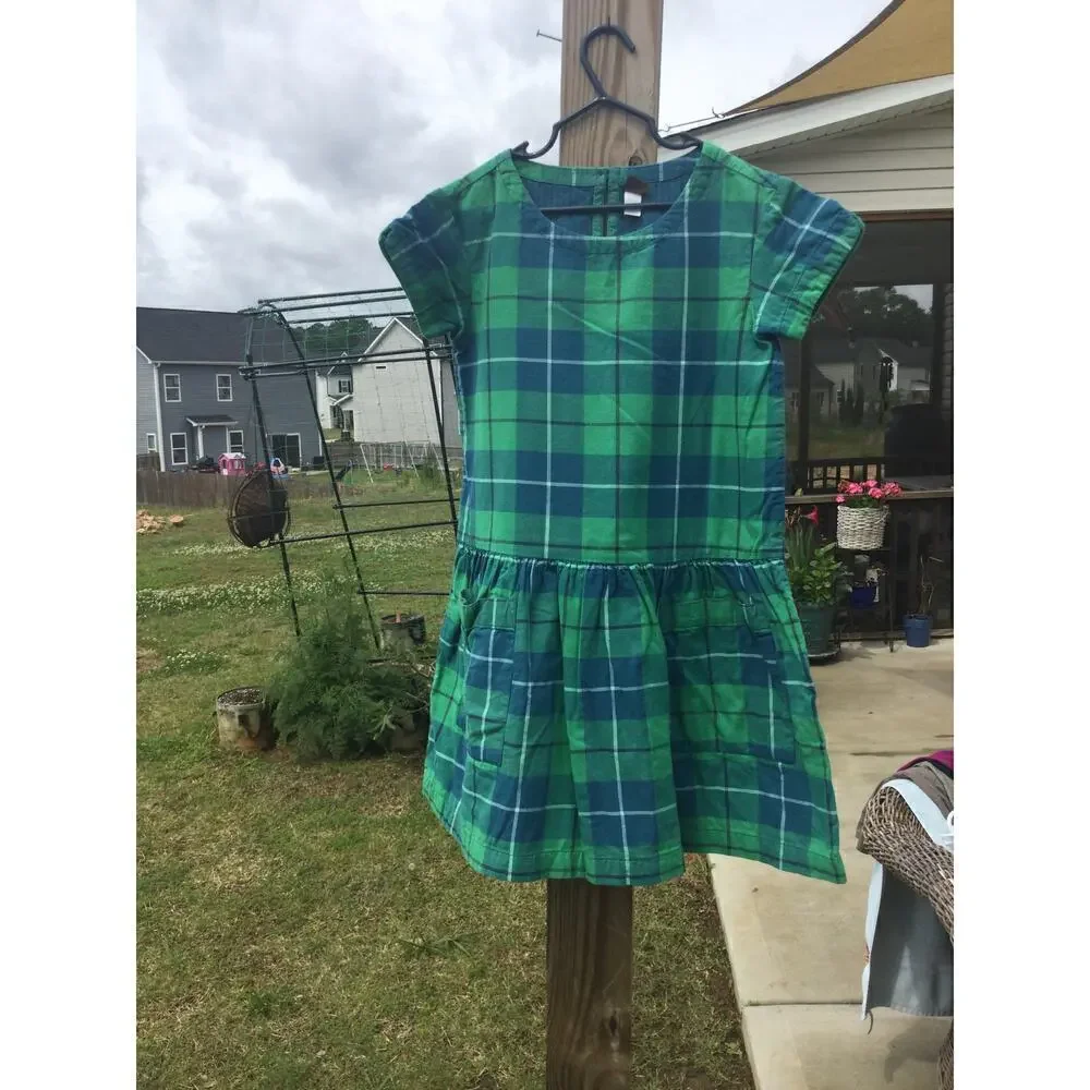 Tea girls short sleeve dress size 8 shirt green blue plaid cotton preppy